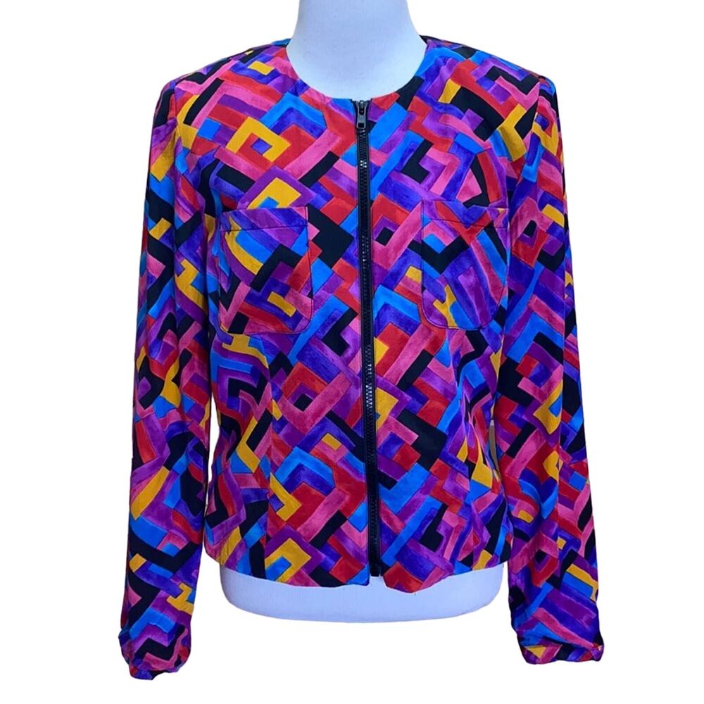 Maggy London Vintage 100% Silk Abstract 90s Geometric Shape Zip Up Blazer 6